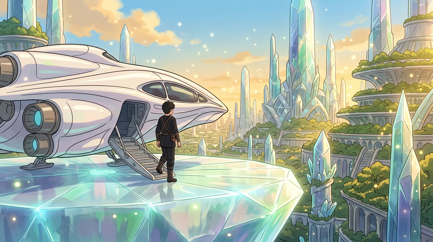 Una nave aterriza frente a una ciudad de cristal luminosa