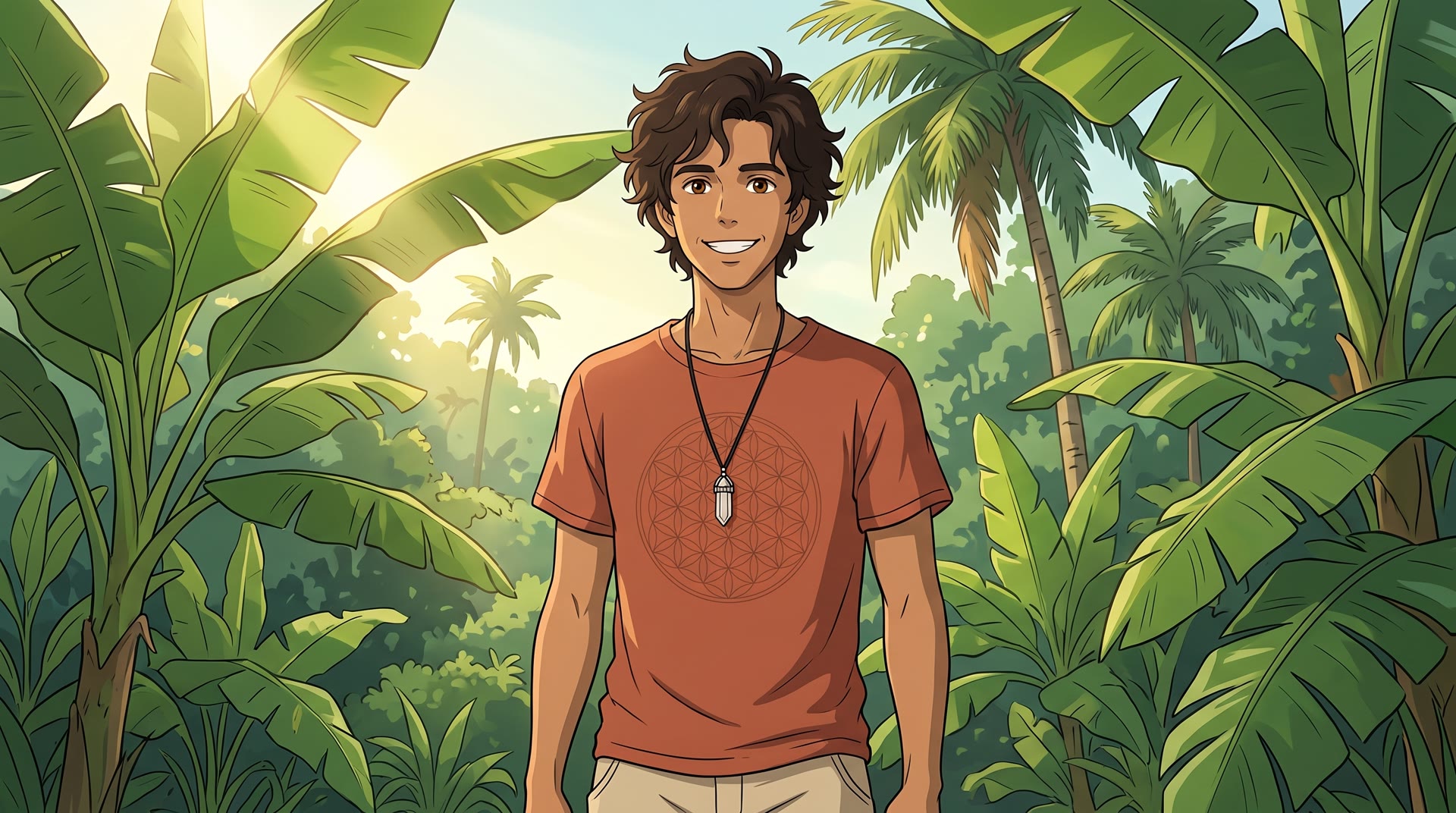 Zak Cero sonriendo en medio de la selva, con su collar de cristal